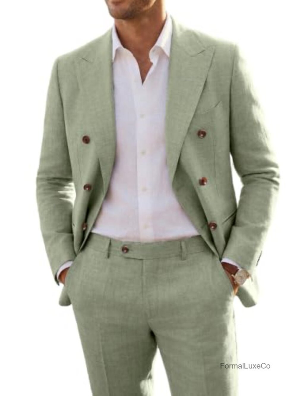 Men's Linen 2 Piece Suit Slim Fit Double Breasted Tuxedo Set Lightweight